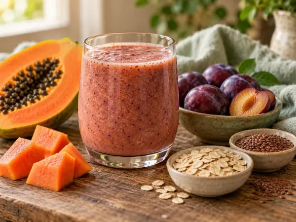 Copo de suco de mamão e ameixa com potinhos de aveia e linhaça