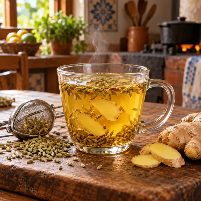 Xícara de vidro com chá dourado de gengibre em rodelas e sementes de erva-doce, com coador de chá ao lado