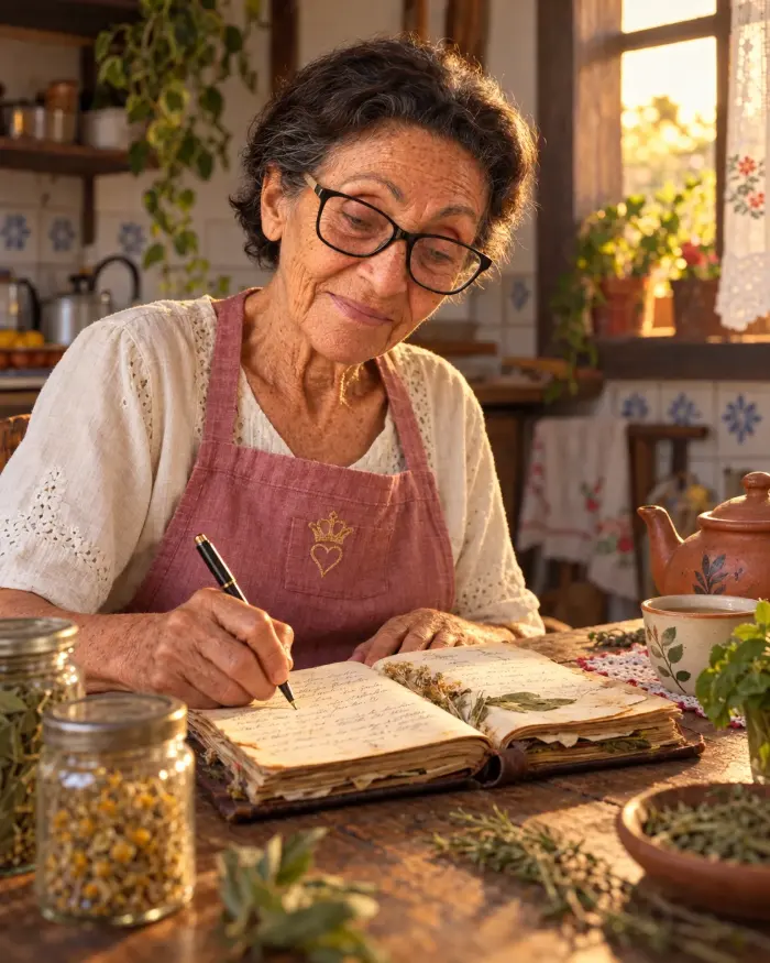 Dona Deva sentada à mesa da cozinha, escrevendo à mão num caderno antigo de receitas, com luz de fim de tarde