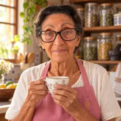 Retrato da Dona Deva, senhora de óculos e avental rosa, segurando uma xícara de chá na cozinha