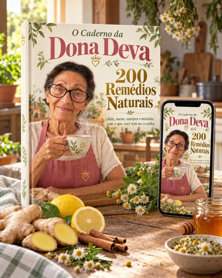 Capa do livro O Caderno da Dona Deva, 200 Remédios Naturais, ao lado de um celular com o e-book aberto, cercados de gengibre, limão, canela e camomila