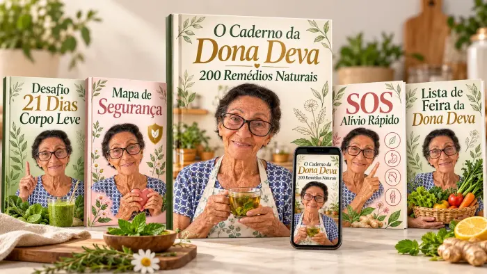 Kit completo: o livro O Caderno da Dona Deva no centro, cercado pelos livretos Desafio 21 Dias Corpo Leve, Mapa de Segurança, SOS Alívio Rápido e Lista de Feira, e um celular