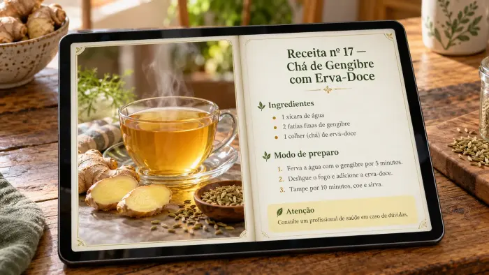 Tablet com o e-book aberto na Receita nº 17, mostrando ingredientes, modo de preparo e a caixa amarela de Atenção