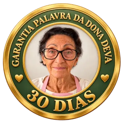 Selo dourado Garantia Palavra da Dona Deva, 30 dias, com o rosto da Dona Deva no centro